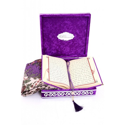 Velvet Covered Box Personalized Gift Quran Set With Prayer Rug Purple Color