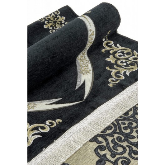 Custom Name Embroidered Zülfikar Patterned Ultra Plus Chenille Prayer Rug Black Color