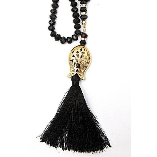 Tulip Patterned Tasseled Crystal Hajj Umrah Gift Prayer Beads Black