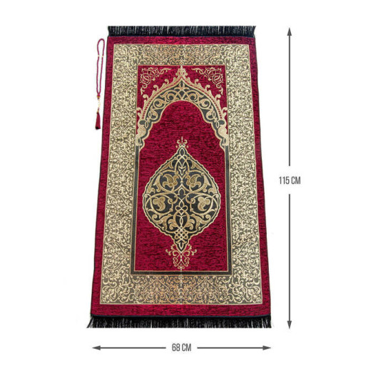 Luxury Ottoman Chenille Prayer Rug Red With Rosary Gift
