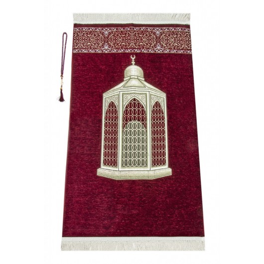 Maqami Ibrahim Patterned Luxury Chenille Prayer Rug - Claret Red