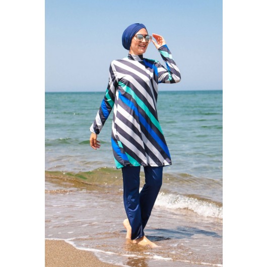 Marina Navy Blue Striped Design Fully Covered Hijab Swimsuit 1953