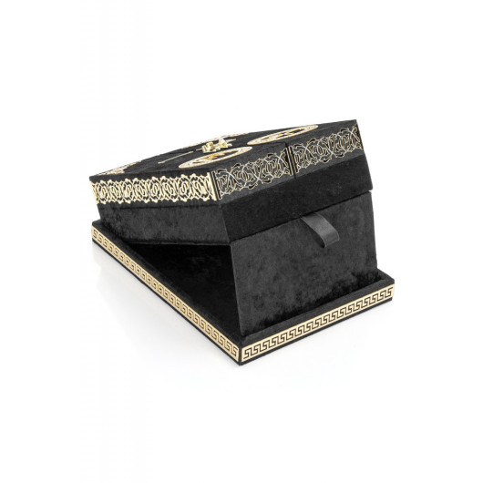 Table Top Koran Set With Double Door Velvet Covered Chest - Black