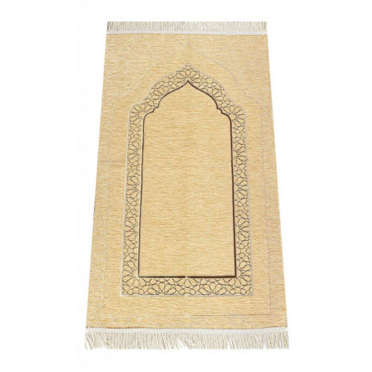 Mihrab Patterned Lined Chenille Prayer Rug - Gold