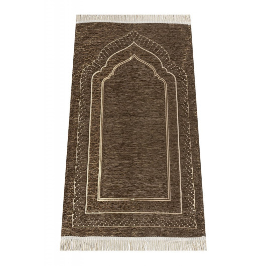 Mihrab Patterned Lined Chenille Prayer Rug - Brown