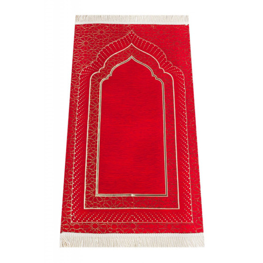 Mihrab Patterned Lined Chenille Prayer Rug - Red