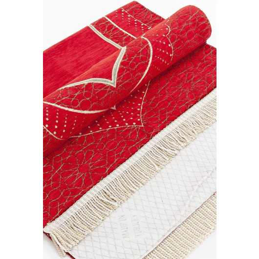 Mihrab Patterned Lined Chenille Prayer Rug - Red