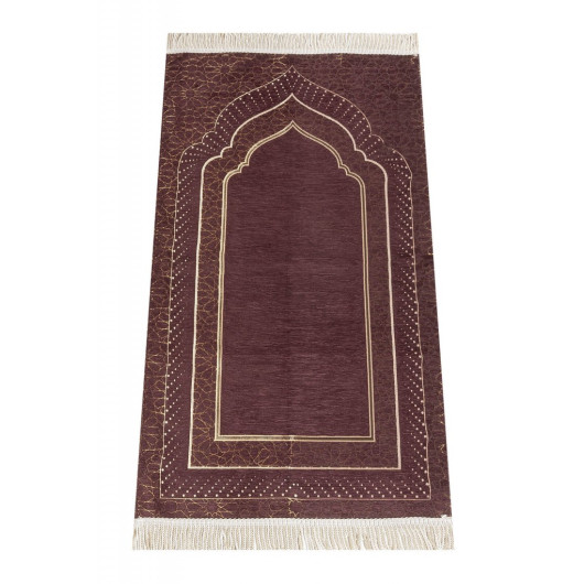 Mihrab Patterned Lined Chenille Prayer Rug - Dark Brown