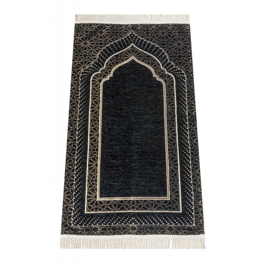 Mihrab Patterned Lined Chenille Prayer Rug - Black