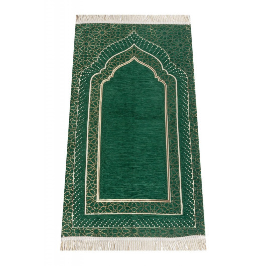 Mihrab Patterned Lined Chenille Prayer Rug - Green