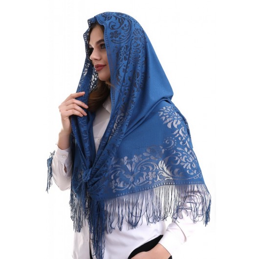Thin Shawl/Scarf Of Tulle And Cotton, Navy Blue, 60X160 Cm