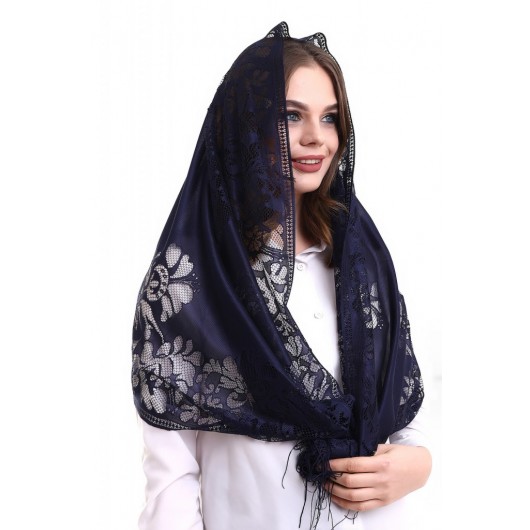 Thin Shawl/Scarf Of Tulle And Cotton, Purple, 60X160 Cm