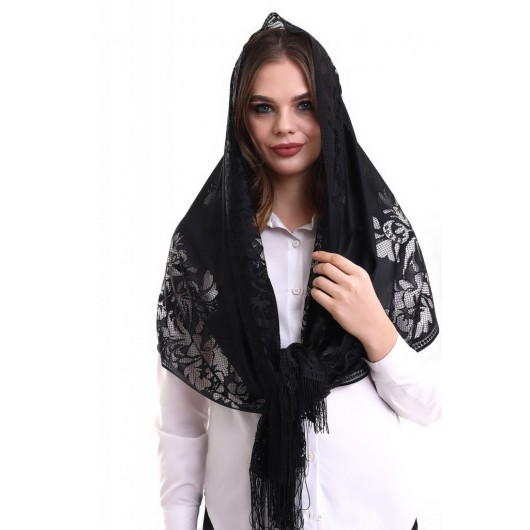 Thin Shawl/Scarf Of Tulle And Cotton, Black, 60X160 Cm
