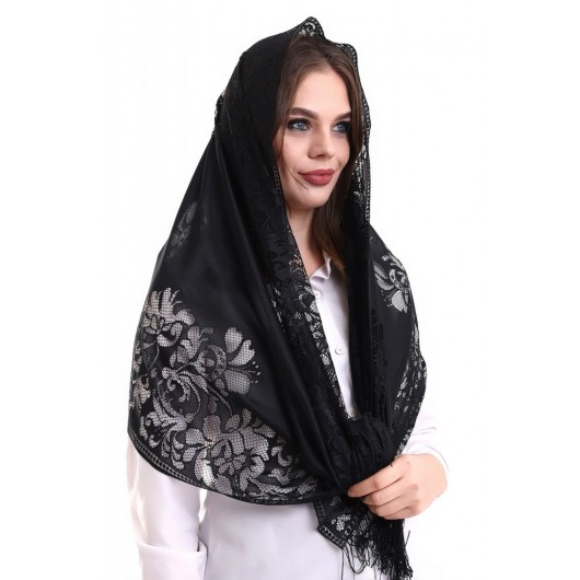 Thin Shawl/Scarf Of Tulle And Cotton, Black, 60X160 Cm