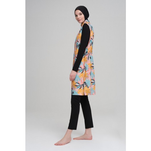 Nehar Pastel Palm Patterned Gilet Black Fully Covered Hijab Swimsuit