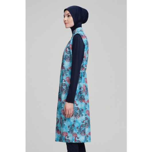 Nehar Shawl Patterned Gilet Navy Blue Fully Covered Hijab Swimsuit