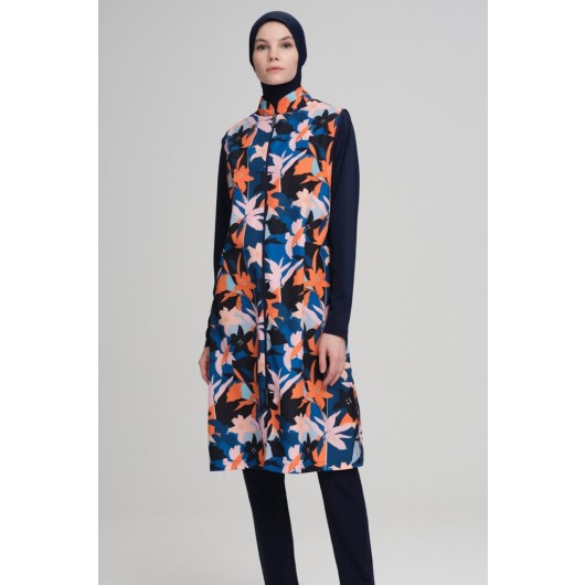 Nehar Orange Leaf Pattern Gilet Navy Blue Fully Covered Hijab Swimsuit
