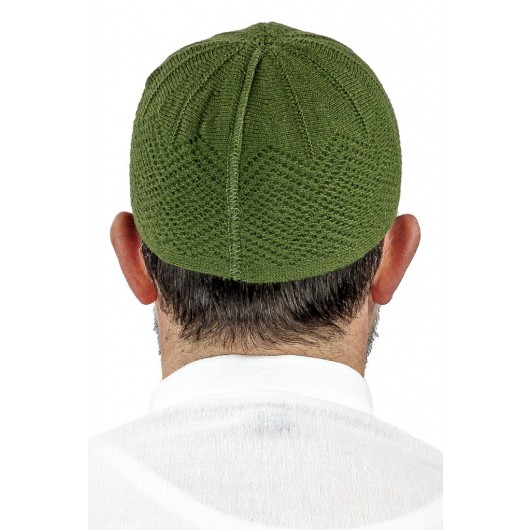 Orlon Knitted Winter Wool Beret Skullcap Baklava Pattern Green