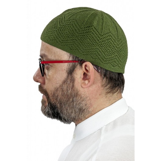 Orlon Knitted Winter Wool Beret Skullcap Baklava Pattern Green