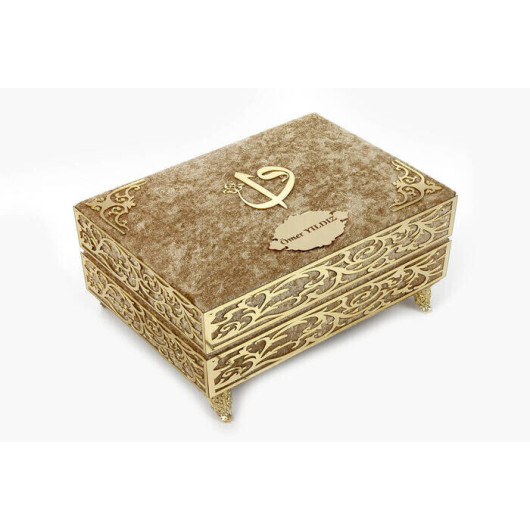 Decorated Gift Velvet Covered Footed Chest Quran Cream