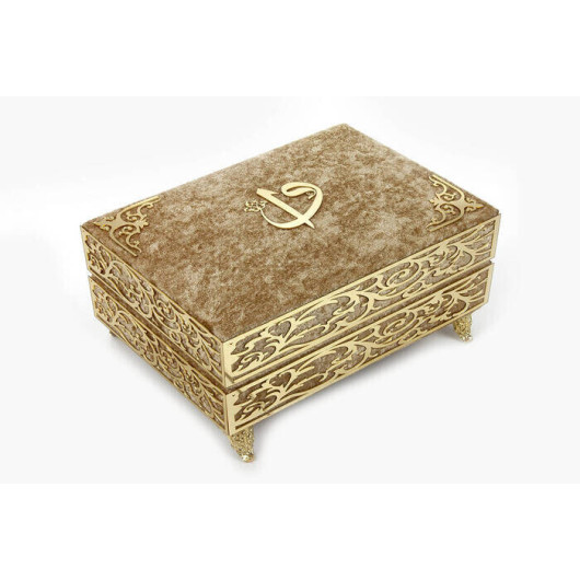 Decorated Gift Velvet Covered Footed Chest Quran Cream