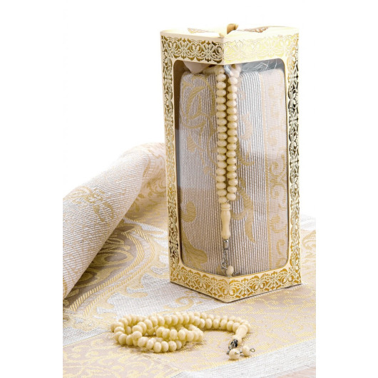 Special Gift Boxed Prayer Mat And Rosary Set Cream