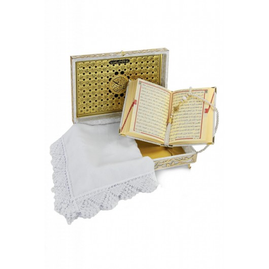 Special Velvet Boxed Holy Quran - Cover - Rosary Gift - White Color