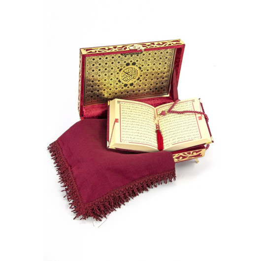 Special Velvet Covered Holy Quran - Cover - Rosary Gift - Claret Red