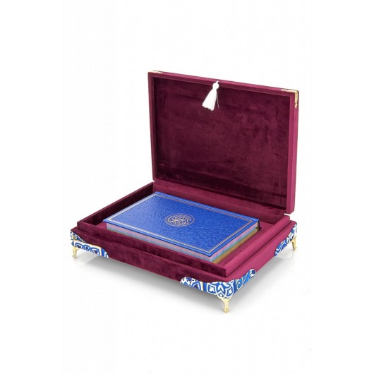 Special Thai Feather Velvet Covered Rainbow Pattern Quran Set - Claret Red