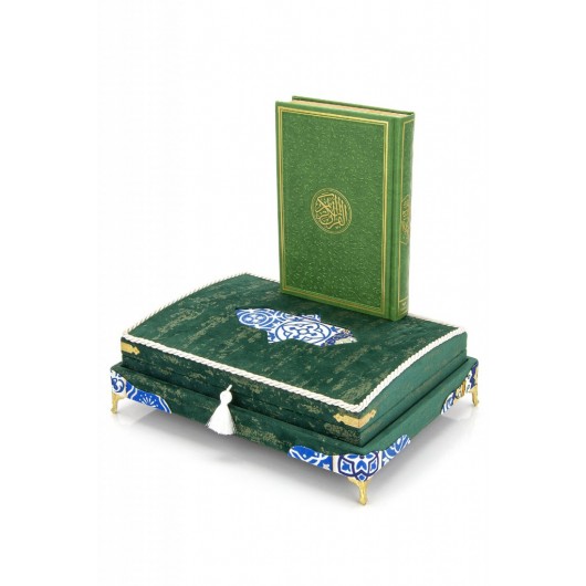 Special Thai Feather Velvet Covered Rainbow Pattern Quran Set - Green Color
