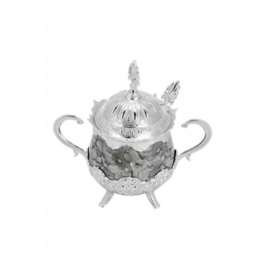 Porcelain Round Sugar Bowl With Spoon Gray Patterned Silver Color