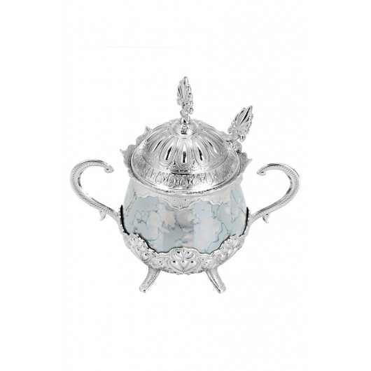 Porcelain Round Sugar Bowl With Spoon Blue Patterned Silver Color
