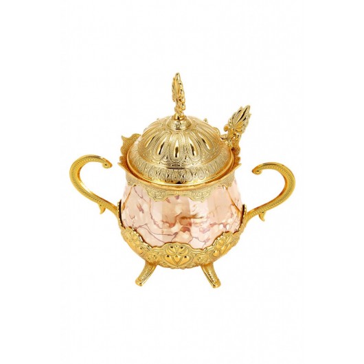 Porcelain Round Sugar Bowl With Spoon Orange Patterned Gold Color