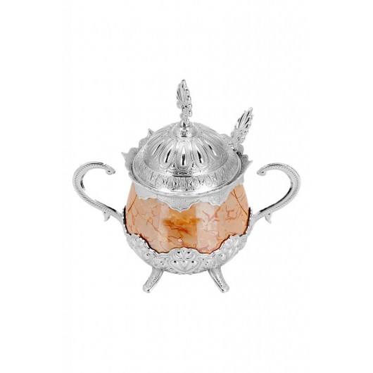 Porcelain Round Sugar Bowl With Spoon Orange Patterned Silver Color
