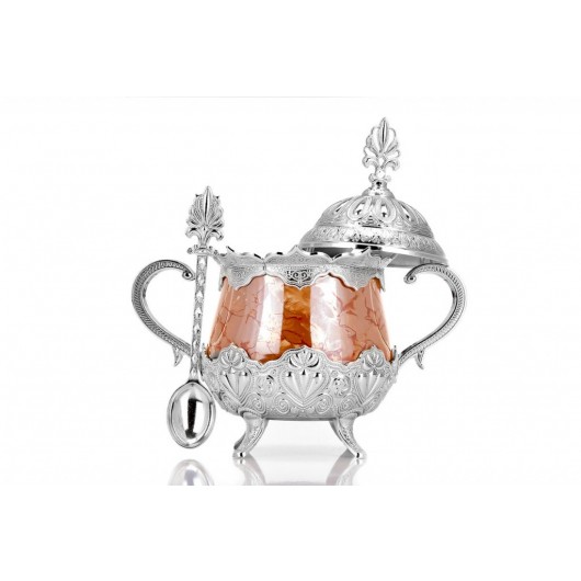 Porcelain Round Sugar Bowl With Spoon Orange Patterned Silver Color