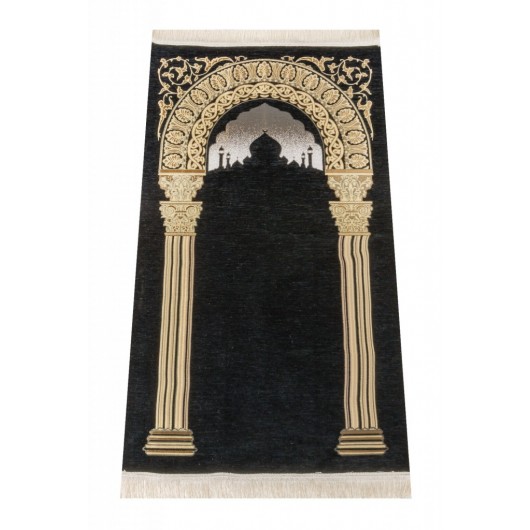 Taj Mahal Patterned Chenille Prayer Rug - Black Color