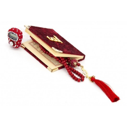 Stone Zikirmatik - Mini Velvet Yasin - Pearl Rosary Gift Set - Claret Red