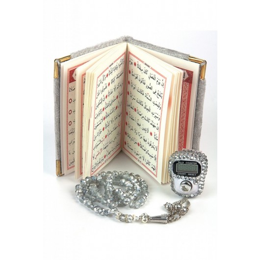 Stone Zikirmatik - Mini Velvet Yasin - Gift Set With Pearl Rosary - Gray Color