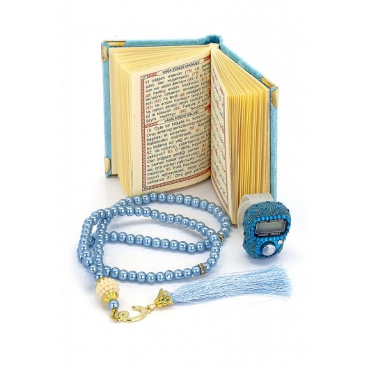 Stone Zikirmatik - Mini Velvet Yasin - Gift Set With Pearl Rosary - Blue Color