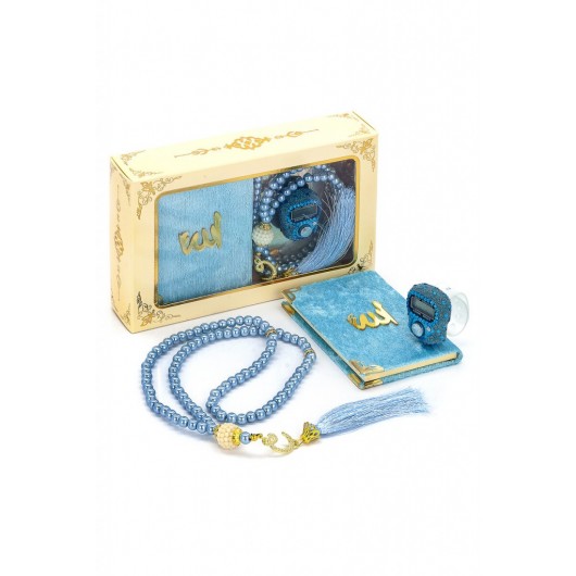 Stone Zikirmatik - Mini Velvet Yasin - Gift Set With Pearl Rosary - Blue Color