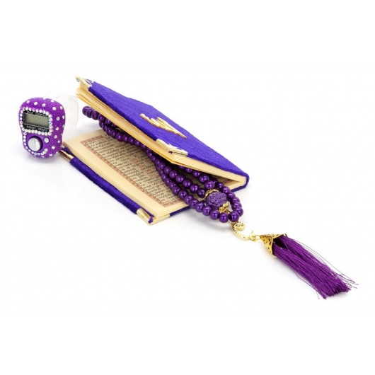 Stone Zikirmatik - Mini Velvet Yasin - Gift Set With Pearl Rosary - Purple Color