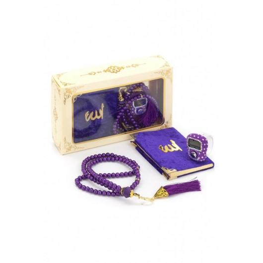 Stone Zikirmatik - Mini Velvet Yasin - Gift Set With Pearl Rosary - Purple Color