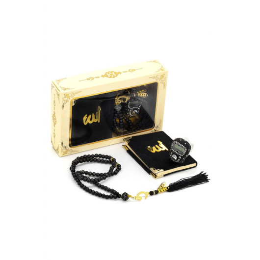 Stone Zikirmatik - Mini Velvet Yasin - Gift Set With Pearl Rosary - Black Color