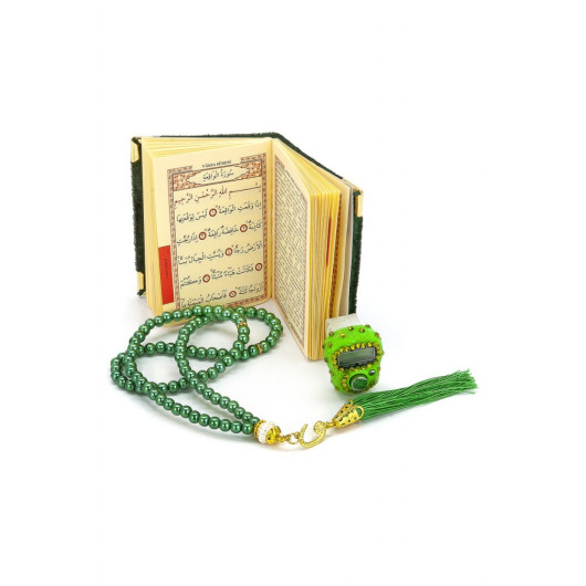 Stone Zikirmatik - Mini Velvet Yasin - Gift Set With Pearl Rosary - Green Color