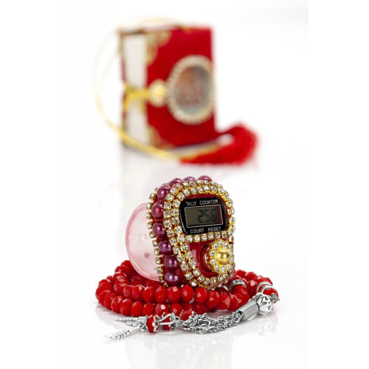 Stone Zikirmatik - Mini Quran - Gift Set With Crystal Stone Rosary - Red Color