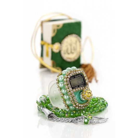 طقم هدية قرآن صغير مع مسبحة الكترونية وعادية من حجر الكريستال - بلون أخضر