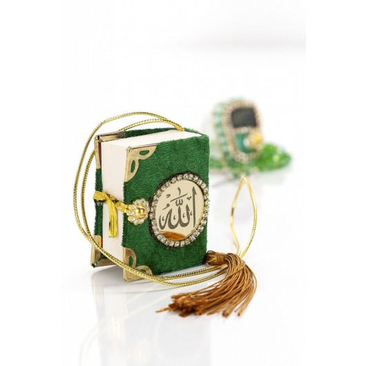 طقم هدية قرآن صغير مع مسبحة الكترونية وعادية من حجر الكريستال - بلون أخضر