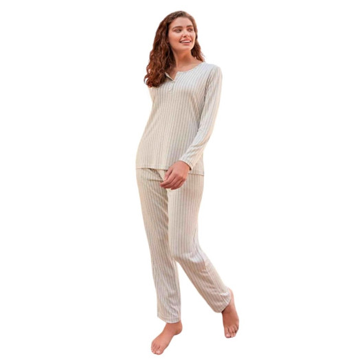 Striped Pattern Viscose Long Sleeve Women's Pajamas Set