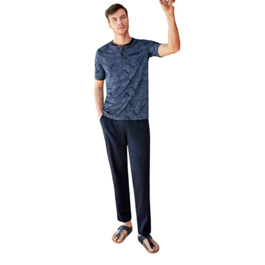 Clear Plaid Crew Neck Jacquard Short Sleeve Men's Pajamas Set