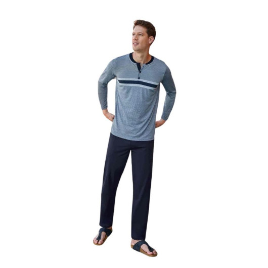 Plaid Crew Neck Jacquard Long Sleeve Men's Pajamas Set